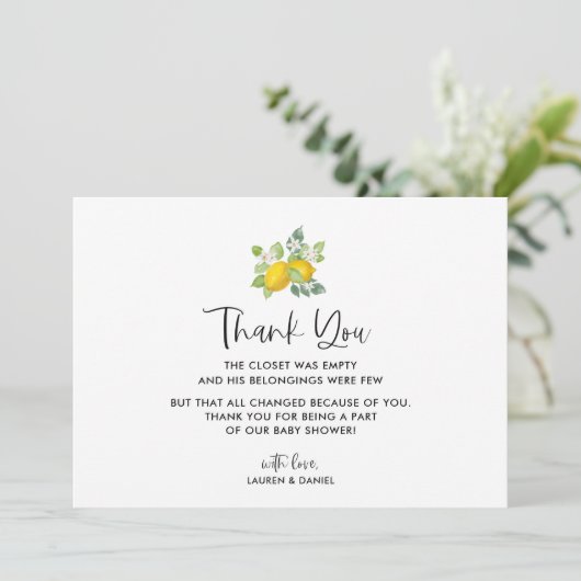 Citrus Citroen Baby Shower Bedankkaarten Bedankkaart (Staand voorkant)