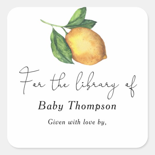 Citrus citroen - baby shower boekenplaat vierkante sticker (Voorkant)