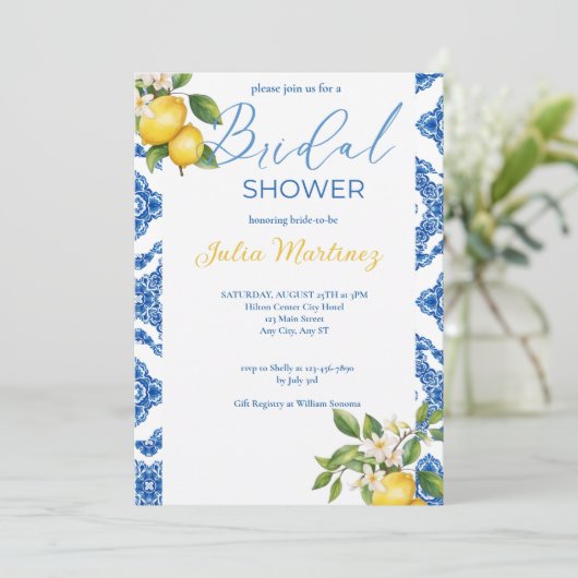 Citrus citroen blauw Tegel bruids doucheuitnodigin Kaart (Staand voorkant)