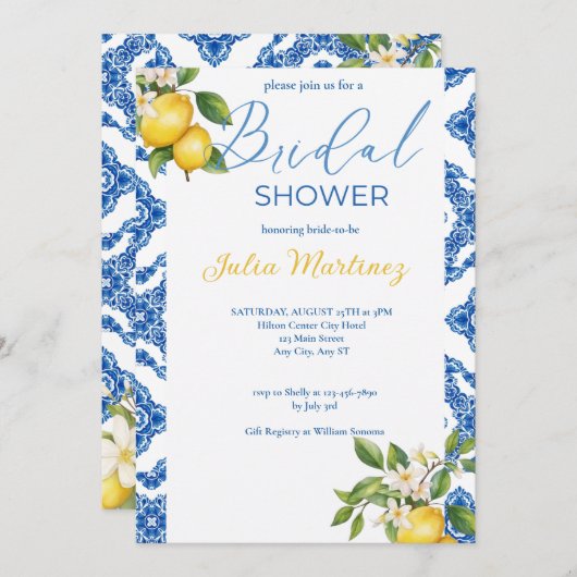 Citrus citroen blauw Tegel bruids doucheuitnodigin Kaart (Voorkant / Achterkant)