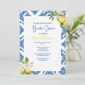 Citrus citroen blauw Tegel bruids doucheuitnodigin Kaart (Staand voorkant)