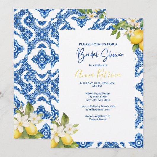 Citrus citroen blauw Tegel bruids doucheuitnodigin Kaart (Voorkant / Achterkant)