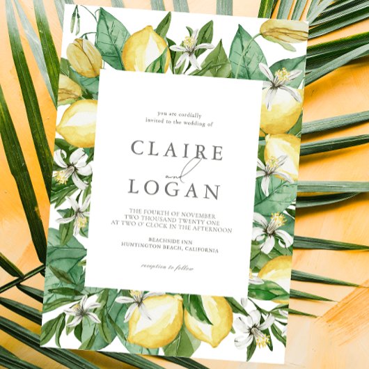 Citrus citroen bloemenbruiloft Waterverf Kaart