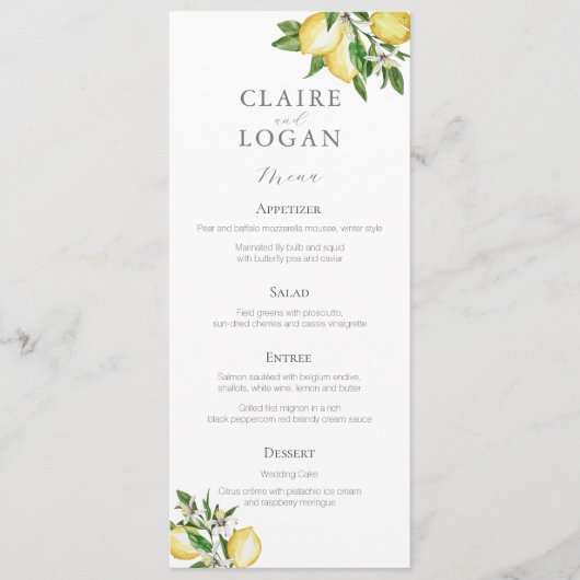 Citrus citroen bloemenbruiloft Waterverf Menu (Voorkant)