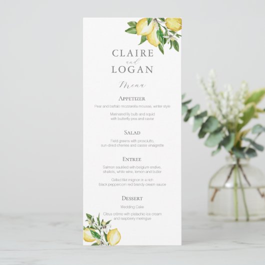 Citrus citroen bloemenbruiloft Waterverf Menu (Staand voorkant)