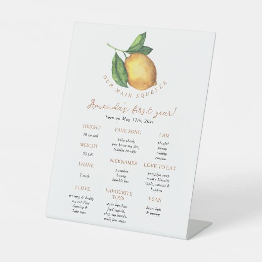 Citrus citroen eerste verjaardag mijlpaal verjaard reclamebord met voetstuk (Voorkant)