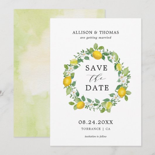 Citrus citroen krans geel bruiloft Save the Dates Kaart (Voorkant / Achterkant)