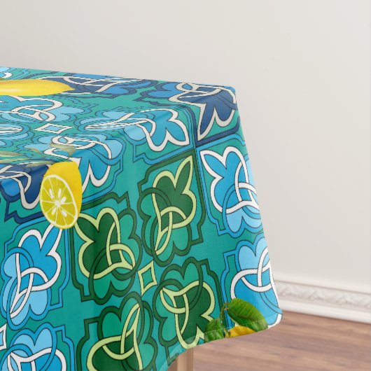 Citrus, citroenen, groen, blauwe tegels, zomerkuns tafelkleed (Voorbeeld)