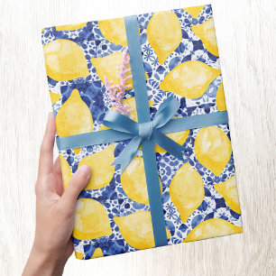 Citrus Citrus Waterverf Blauwe Mediterrane Tegel Cadeaupapier