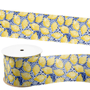 Citrus Citrus Waterverf Blauwe Mediterrane Tegel Satijnen Lint