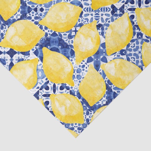 Citrus Citrus Waterverf Blauwe Mediterrane Tegel Tissuepapier (Detail)