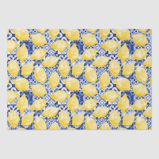 Citrus Citrus Waterverf Blauwe Mediterrane Tegel Tissuepapier (Voorkant)