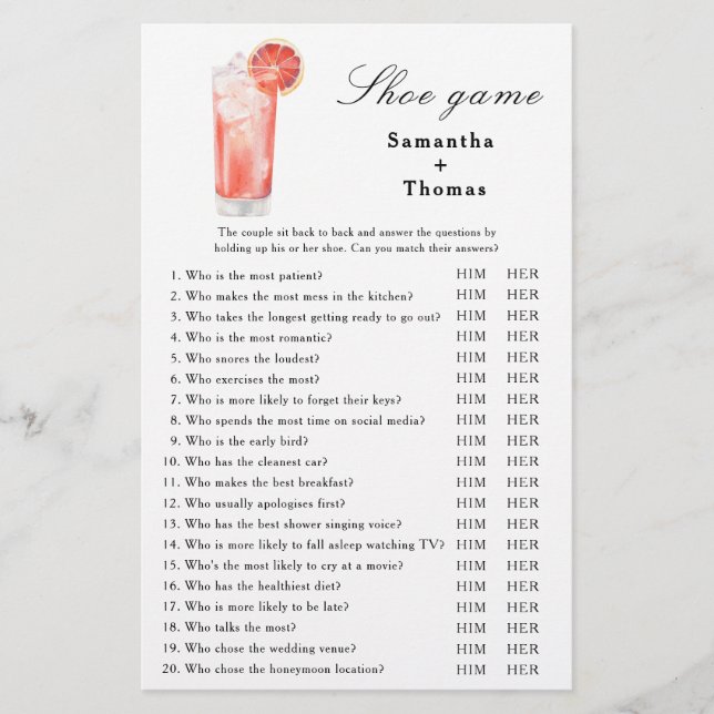 Citrus Cocktail Bridal shower Shoe game (Voorkant)