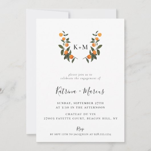 Citrus Crest Monogram Engagement Party Kaart (Voorkant)