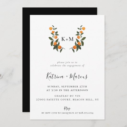 Citrus Crest Monogram Engagement Party Kaart (Voorkant / Achterkant)