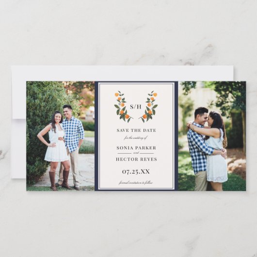 Citrus Crest Monogram Foto Save The Date (Voorkant)