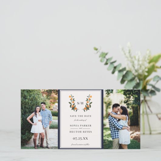 Citrus Crest Monogram Foto Save The Date (Staand voorkant)