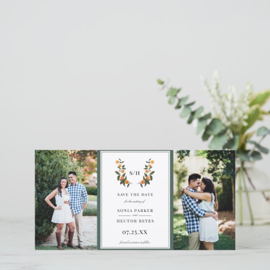 Citrus Crest Monogram Foto Save The Date (Staand voorkant)