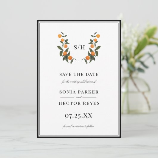 Citrus Crest Monogram Save The Date (Staand voorkant)