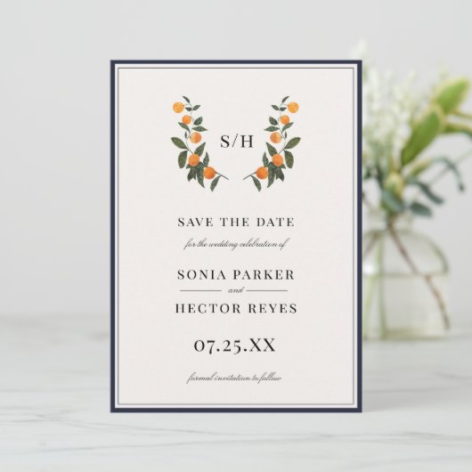 Citrus Crest Monogram Save The Date (Staand voorkant)