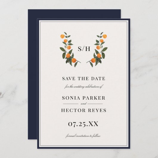 Citrus Crest Monogram Save The Date (Voorkant / Achterkant)
