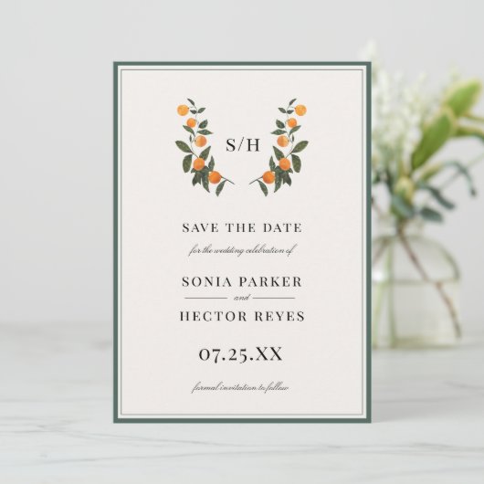 Citrus Crest Monogram Save The Date (Staand voorkant)