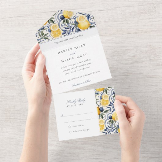 Citrus Elegantie Trouwdag met Afscheur RSVP All In One Uitnodiging (Afscheurbaar)