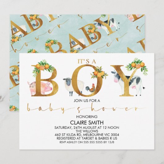 Citrus Farm Animals Word Baby shower Invitation Kaart (Voorkant / Achterkant)
