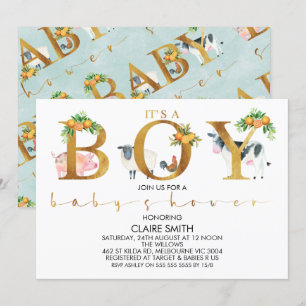 Citrus Farm Animals Word Baby shower Invitation Kaart