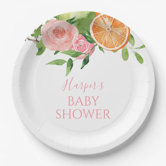 Citrus Floral Baby shower Papieren Bordje (Voorkant)