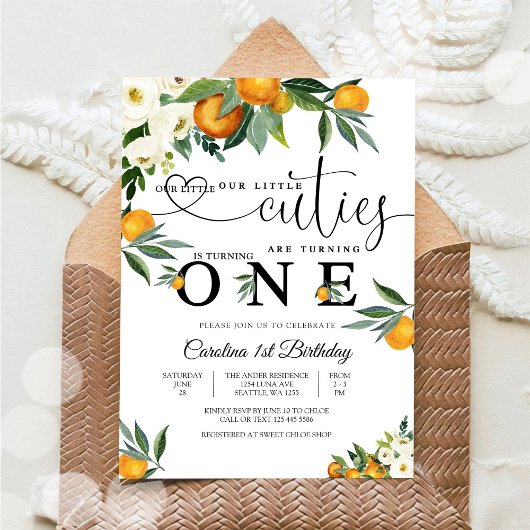 Citrus Floral First Birthday Invitation Kaart