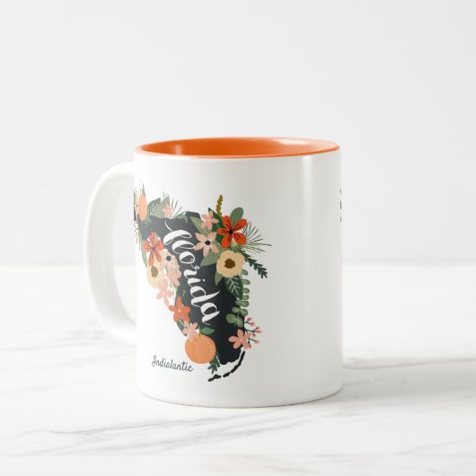Citrus Floral Florida State Silhouette & Stadsnaam Tweekleurige Koffiemok (Voorkant links)