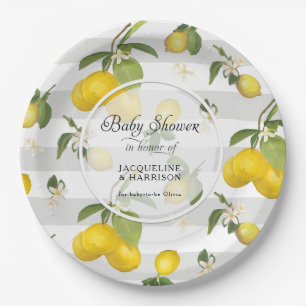 Citrus Floral Foliage White in Grey Stripe Papieren Bordje