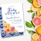 Citrus Floral Lemon Blue Tegel Baby shower Kaart