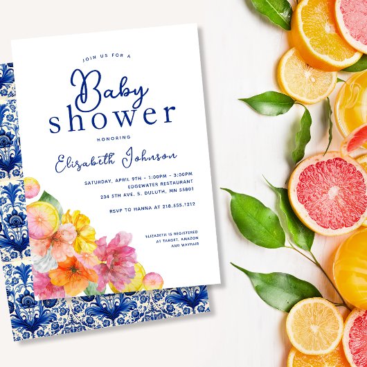 Citrus Floral Lemon Blue Tegel Baby shower Kaart