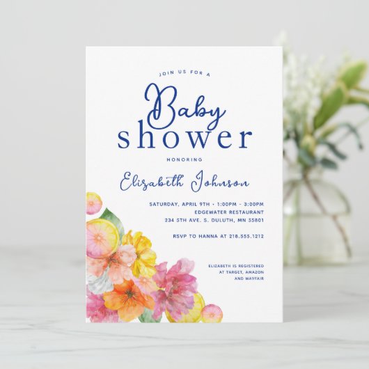 Citrus Floral Lemon Blue Tegel Baby shower Kaart (Staand voorkant)