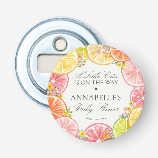 Citrus Floral Little Cutie Baby shower Favors Button Flesopener (Voorkant)
