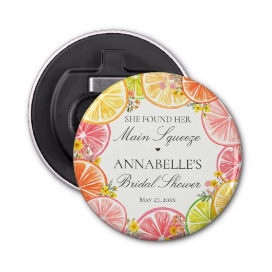 Citrus Floral Main Squeeze Vrijgezellenfeest Favor Button Flesopener (Voorkant)