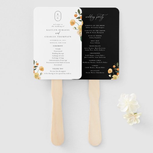 Citrus Floral Monogram Wedding Programme Handwaaier (Voorkant en achterkant)