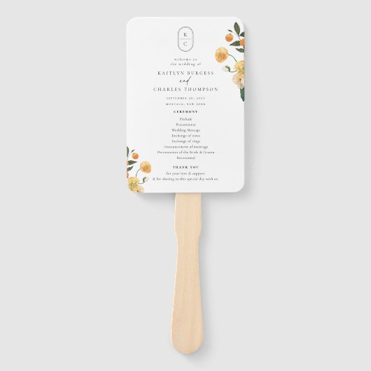 Citrus Floral Monogram Wedding Programme Handwaaier (Voorkant)