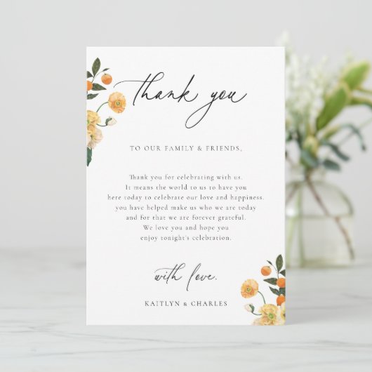 Citrus Floral Wedding Reception Table Bedankkaart (Staand voorkant)