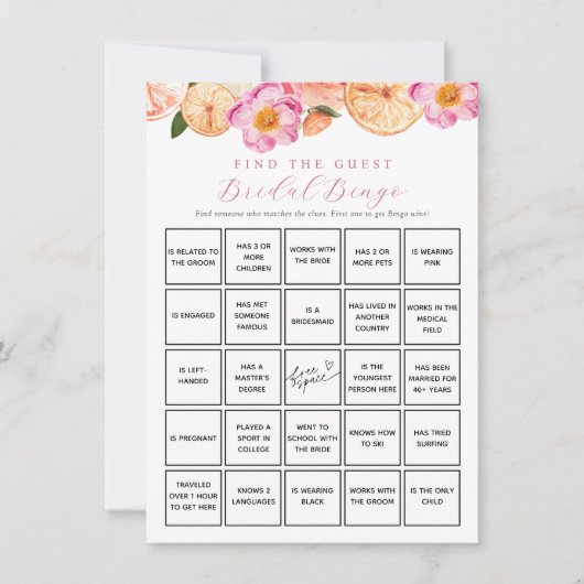 Citrus Flowers Vind Gast Bridal Bingo Game Kaart (Voorkant)