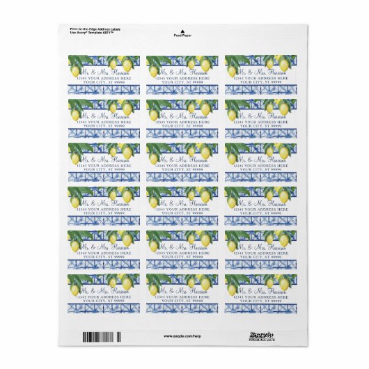 Citrus Foliage Blue White Yellow Weddenschap Etiket (Full Sheet)