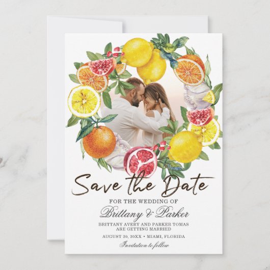 Citrus foto Waterverf Botanische bruiloft Save The Date (Voorkant)