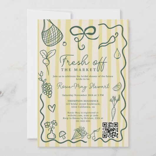 Citrus Fresh Off the Market Hand Drawn QR Bridal Kaart (Voorkant)