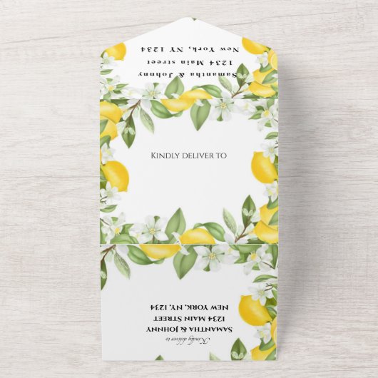 Citrus Fruit Exotic Garden Yellow Lemon Wedding All In One Uitnodiging (Buitenkant)