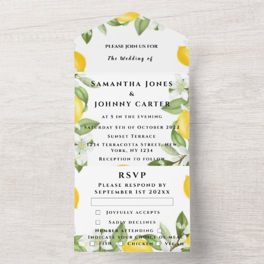 Citrus Fruit Exotic Garden Yellow Lemon Wedding All In One Uitnodiging (Binnen)