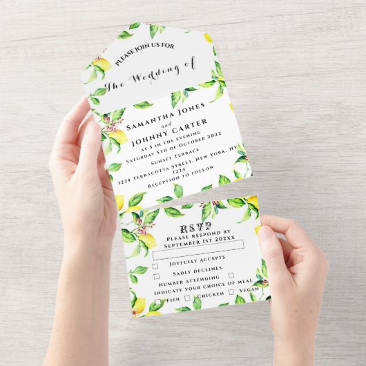 Citrus Fruit Exotic Garden Yellow Lemon Wedding All In One Uitnodiging (Afscheurbaar)