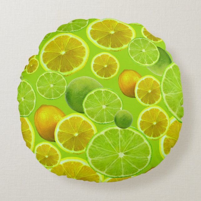 Citrus Fruit, Lemon en Limoen gepatterd Rond Kussen (Voorkant)