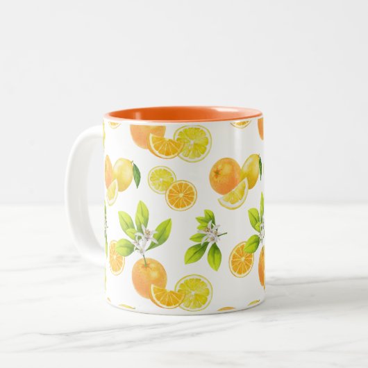 Citrus Fruits Art Sinaasappels and Lemons Patten Tweekleurige Koffiemok (Voorkant links)